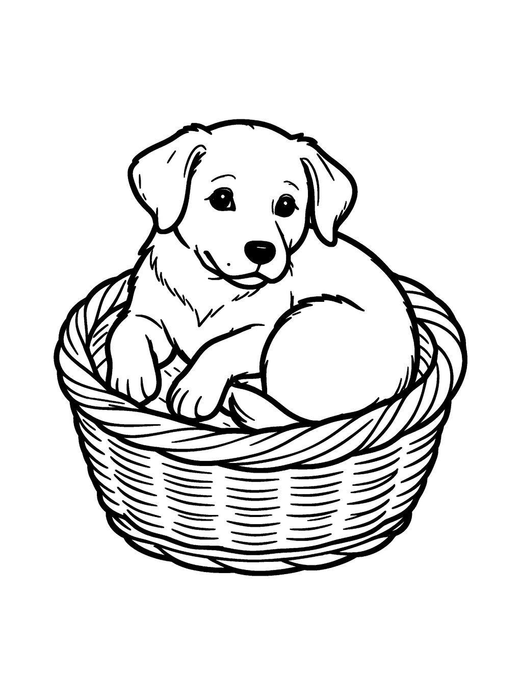 A small dog curled inside a wool basket